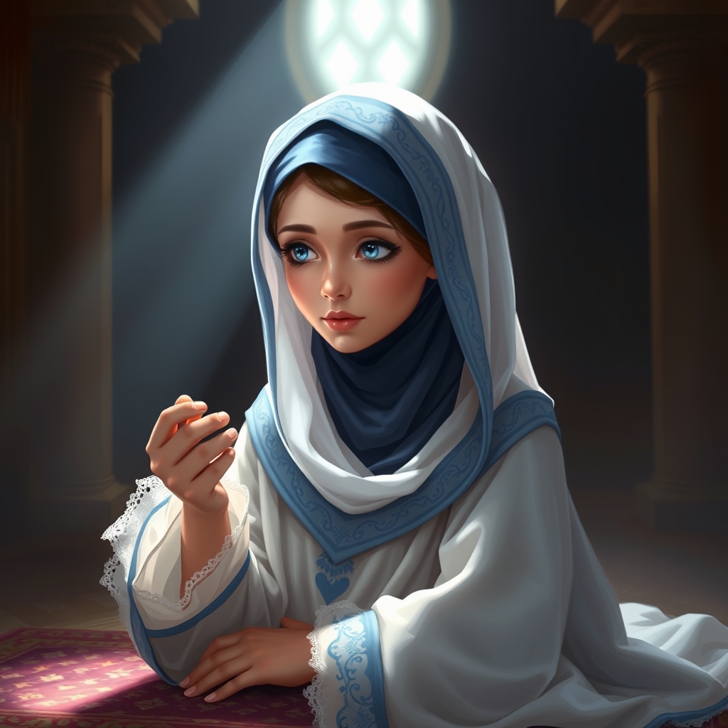 دختری محجبه با چادر نماز سفید آبی ، در حال ناز خوندن ، سجاده قشنگ دارد ، چشمان آبی ، در قنوت نماز است ، در اتاقی تاریک که بر روی او و سجاده اش پرتوء نوری افتاده است 0