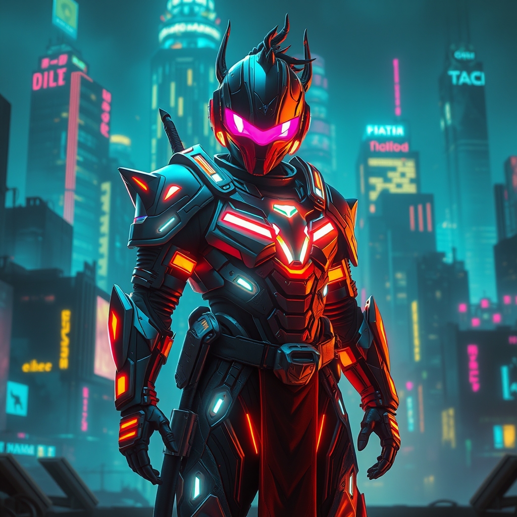 یک جنگجوی سایبرپانک آینده‌نگر با زره نئونی، ایستاده در منظره‌ای از شهر نورانی، پس‌زمینه شب، با رنگ‌های زنده و جزئیات زیاد.20