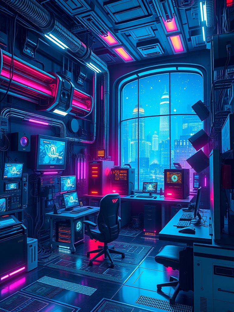 عکس اتاق گیمینگ بزرگ با جزئیات زیاد و در اتاق پنجره ای بزرگ باشد سایبر پانک 23