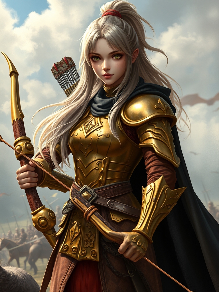 سن: ۱۶
رنگ مو: طلایی، جو گندمی
جنسیت: زن
قد: ۱۷۶
رنگ چشم: طلایی و سبز رنگ ترکیبی
اندازه مو: بلند
طرح مو: کمی از جلو بسته و در عقب دم اسبی بسته است و کمی از موهاشو به جلو انداخته (چتری نیست)
لباس: لباس زرهی و طلایی و یک شنل سیاه دارد
سلاح: تیرکمان
او بسیار زیباست و خفن و آماده جنگیدن در میدان جنگ است
7