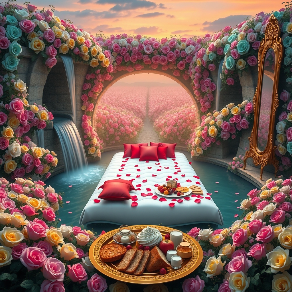 باغ بزرگ و افسانه ای پر گل سرخ لی لی یم زرد سفید و اطلسی و شب بو
دورادور آبشارها روان به داخل برکه می ریزند وسط برکه زیر تونل افراشته از گل سرخ تشک گرم و نرم سفید با کوسن های قرمز پر شده با گلبرگ های سرخ
و سینی گرد و طلایی پر نان کره خامه عسل میوه و شیر و شیر برنج 
یک آینه تمام قد بلند از طلا 1