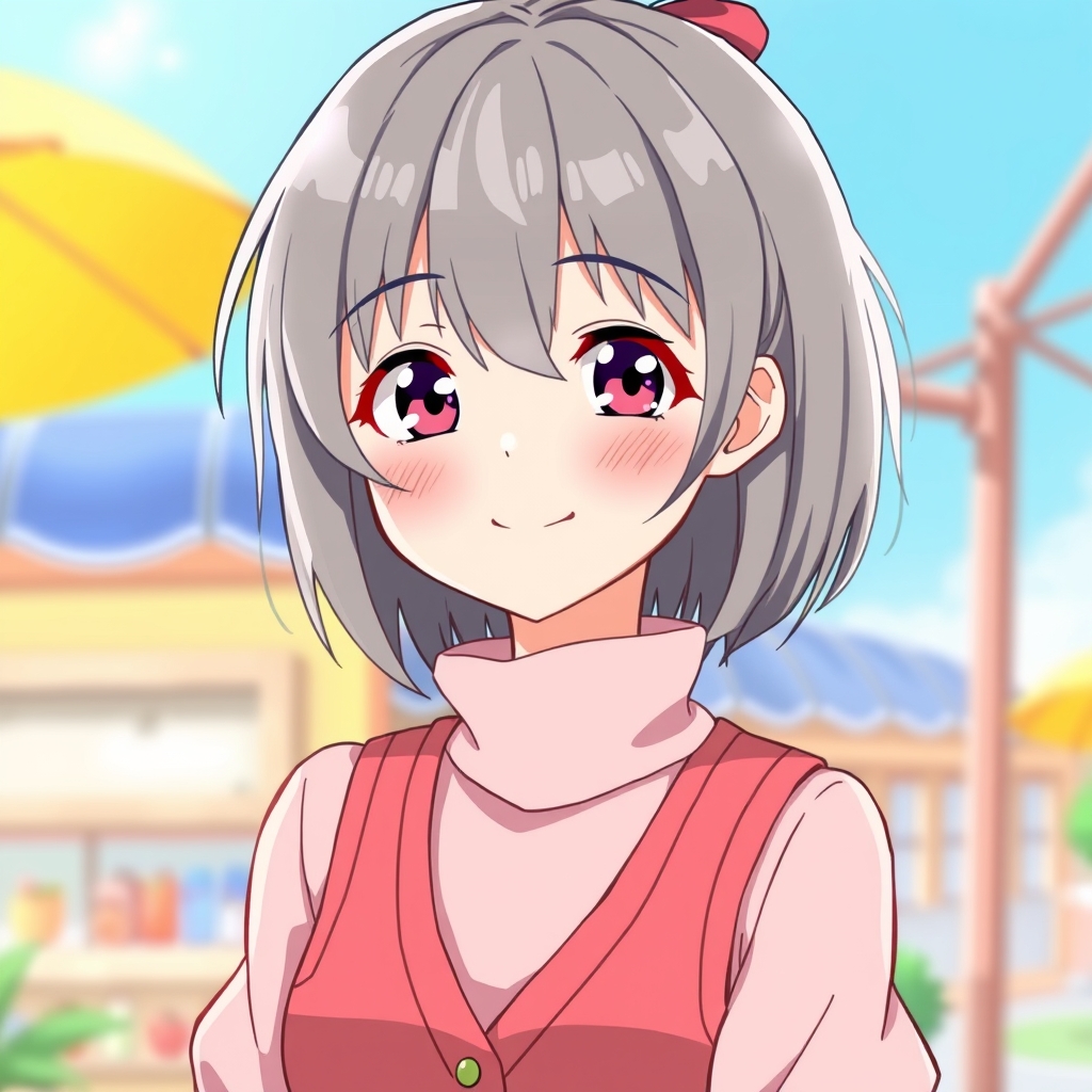 یک دختر خیلی ناز با موهای طوسی و لباس و جلیقه صورتی .21