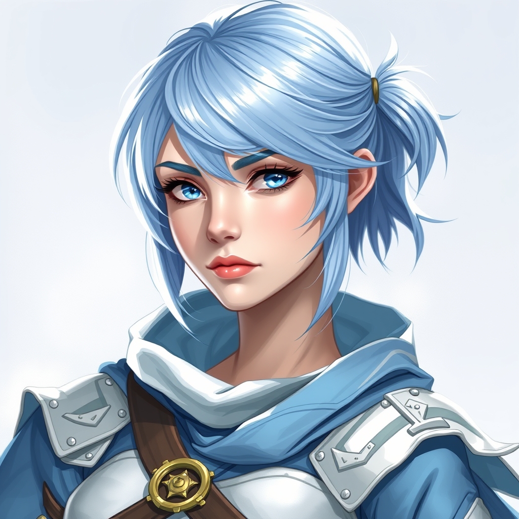 یک زن با مو های کوتاه که به شکل یک دم اسبی کوتاه کنار گوش چپش و مو های آبی کمرنگ و لباس رزم آبی کمرنگ و سفید و چشمان آبی کمرنگ 16