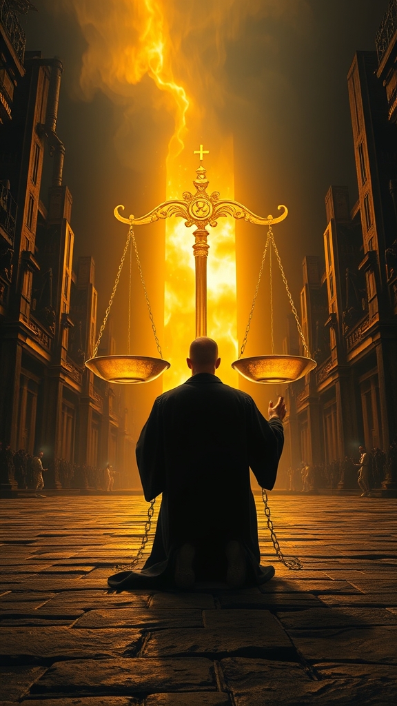 مردی با لباس مشکی درشهرهای دوزخ در زنجیر در حال تعظیم به ترازوی بزرگ طلائی نورانی9