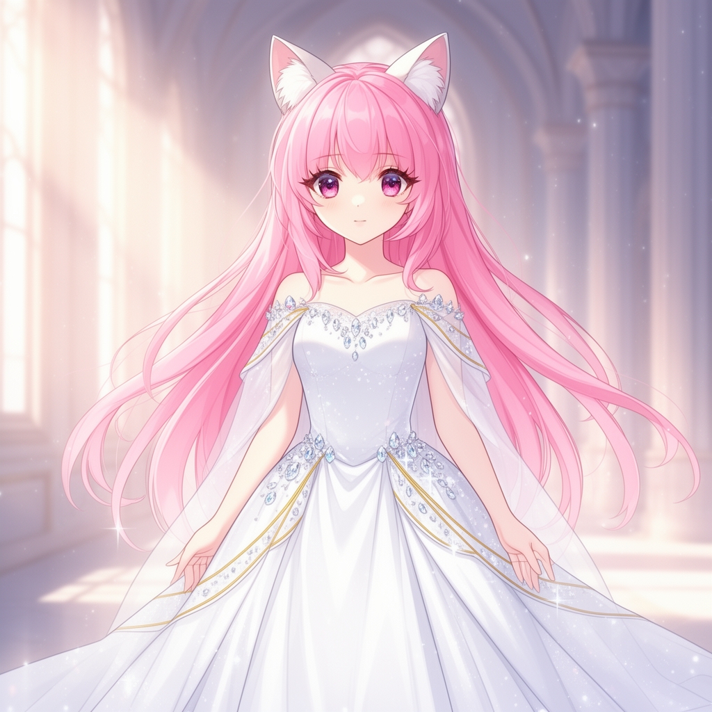 یک دختر با موهای بلند که رنگش صورتی مژه هایش
بلند روی موهاش گوش گربه و لباسش ملکه ای که
سفید باشه رو پیر هنش الماس باشه 1