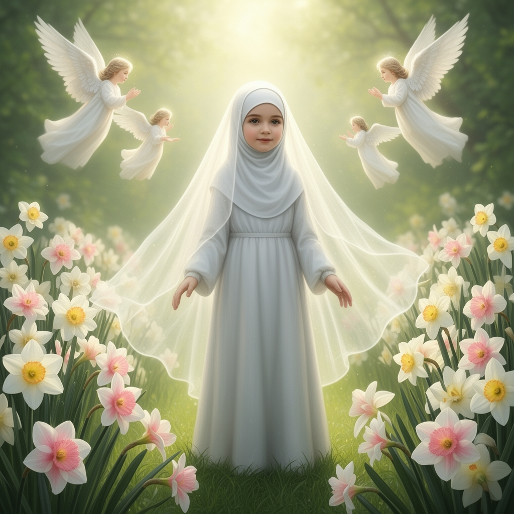 عکس دختر محجبه با چادره از گل های نرگس و لیلیوم های رنگی سفید صورتی و فرشته ها دور او هستند و در فضای سرسبز هستند 0