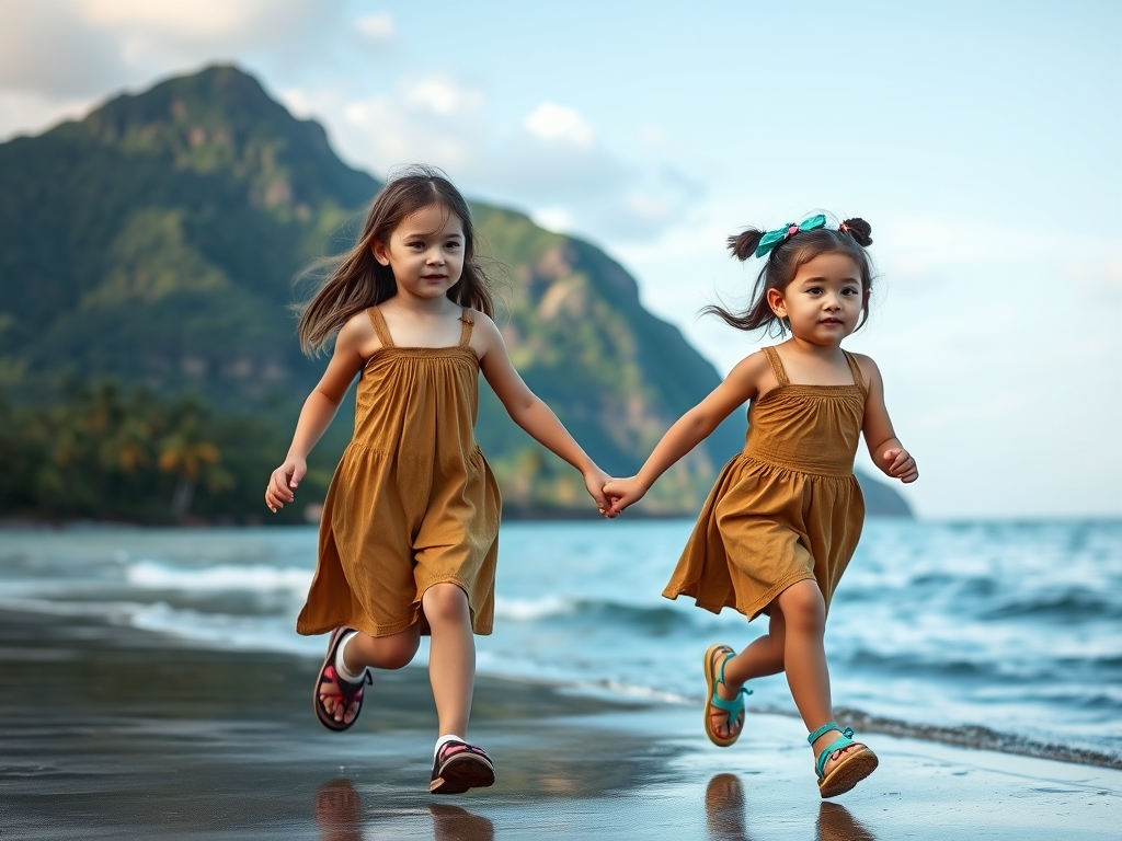 تصویر دوتا دختر ۸ سال و ۲ ساله که دست دردست هم درکنار دریا درحال دویدن هستن پشت زمینه کوه سرسبز و درختان نارگیل 3