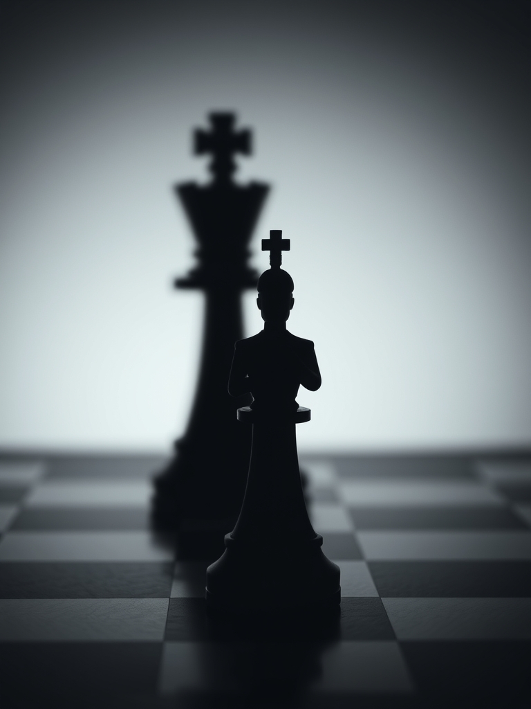 یک منچ سرباز روی یک صفحه شطرنج که پشتش سایه یک منچ شاه افتاده 5
