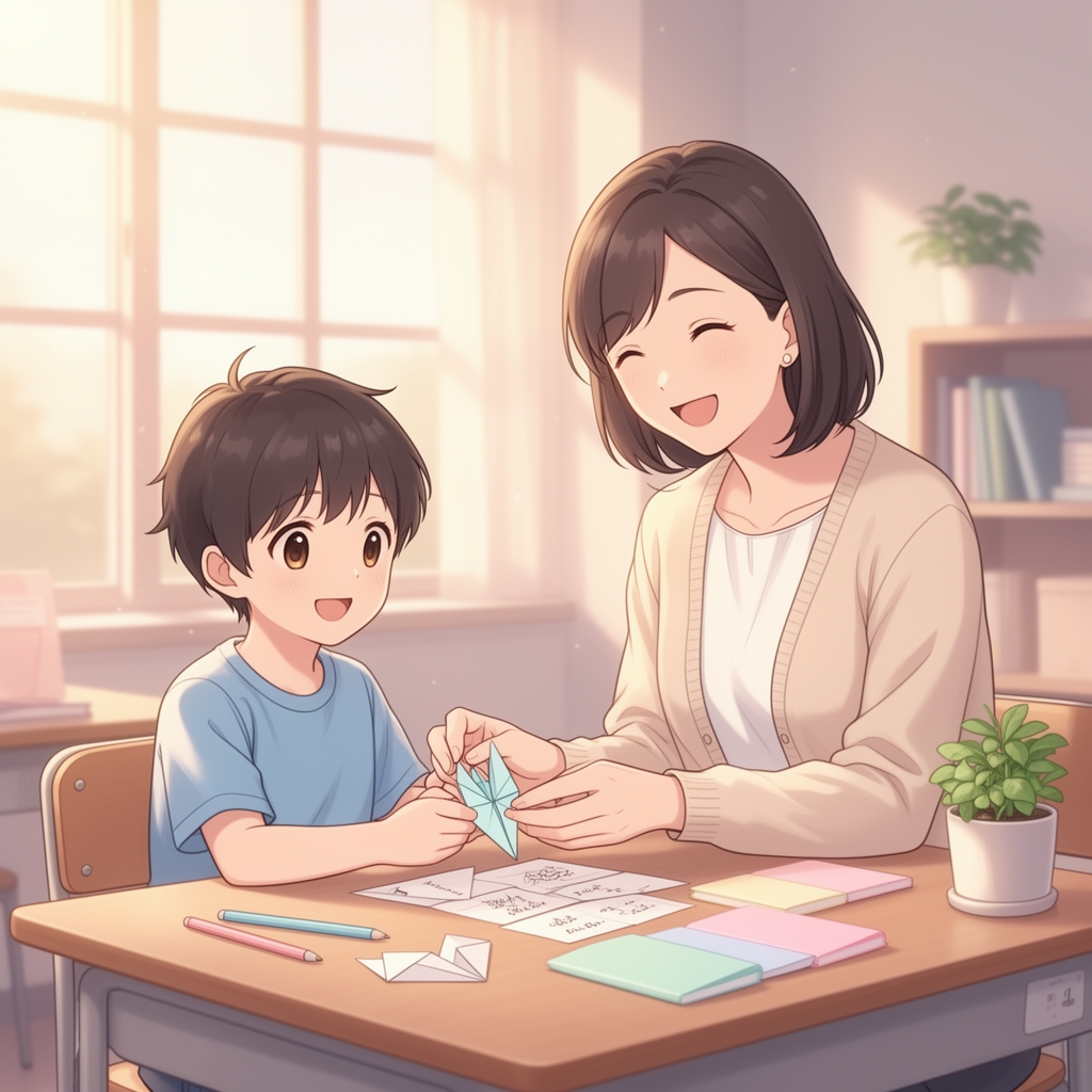 یک معلم که کنار دانش آموز نشسته و با همدیگه احسان و نیکوکاری دارند سبک10