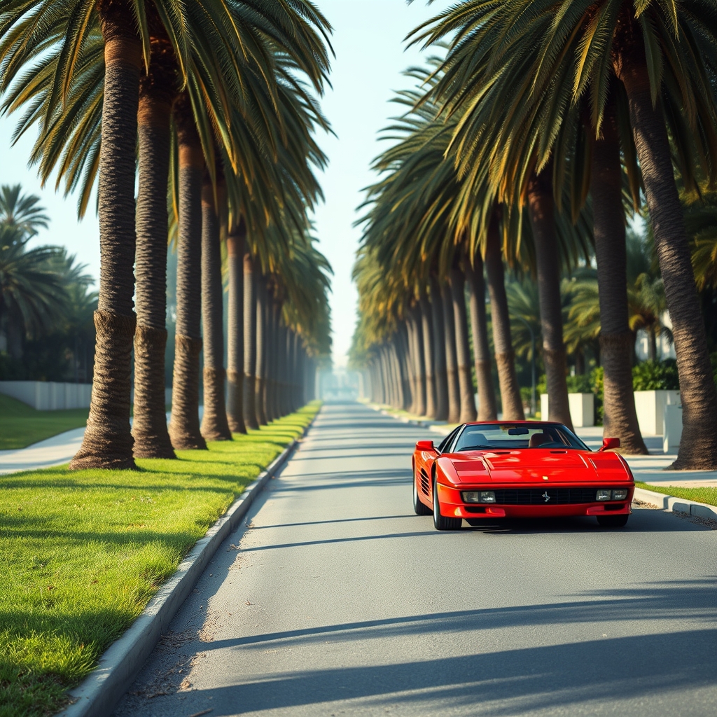 خیابانی که در کنارش چمن و در در چمن ها درخت های نخل بزرگی باشد که به سمت خیابان کج شده باشند و تنه درخت صاف نباشد و سایه درخت روی خیابان افتاده باشد و در خیابان در زاویه رو به روی دوربین یک فراری 520 قرمز پارک شده باشد و هیچ انسانی در خیابان نباشد 17