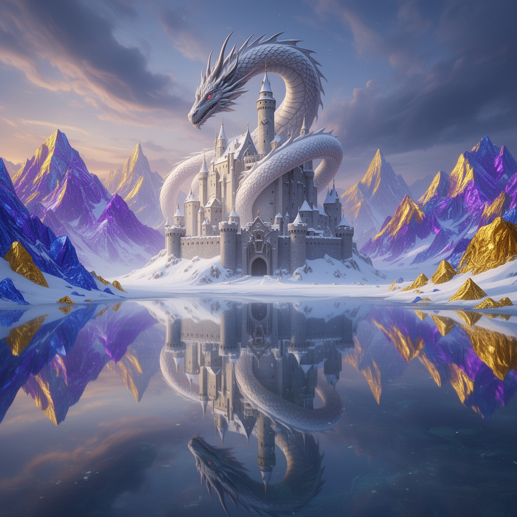 قلعه ای بلند که در آن سفید برفی  گیر افتاده و اژدهایی بزرگ از آن قلعه محافظت می کند و دور آن قلعه کوه هایی از جنس طلا های بنفش و ابی است و روبه روی قلعه دریاچه ای است که عکس قلعه و کوه ها روی آن بازتاب شده
2