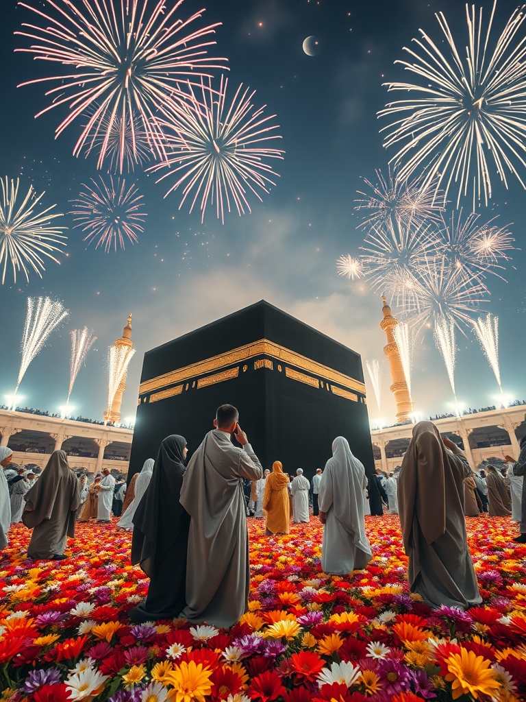 لحظه زیبای ظهور حضرت مهدی عجل الله در کنار کعبه که در آسمان نوافشانی و روی زمین گلهای زیبای رنگارنگ و درخشان وجود دارد و حضور مردم با شادی ونشاط4