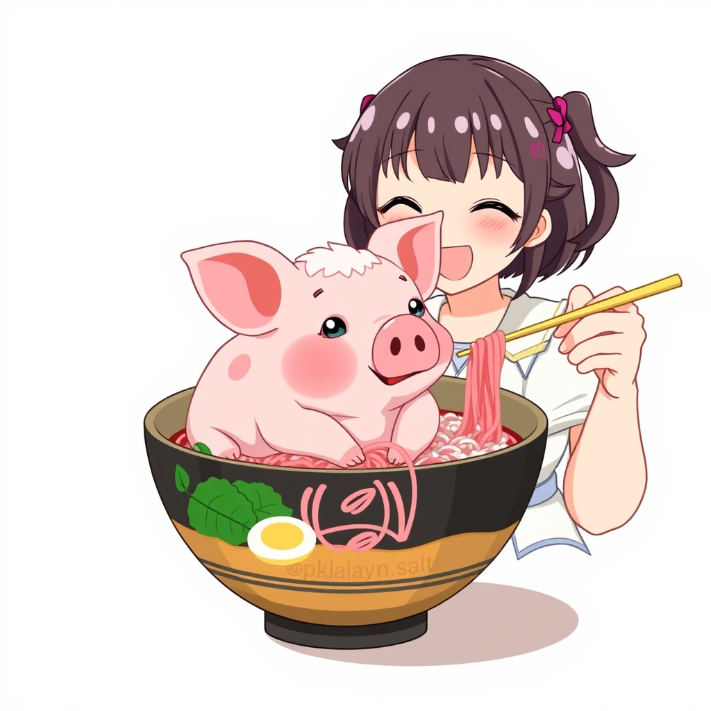 یک خوک خیلی کوچک و ناز صورتی سفید که داخل یک کاسه رامن با رشته های صورتی و نمک صورتی هیمالیایی است و یک دختر ژاپنی بچوب غذا خچری اورا بیرون می کشد1