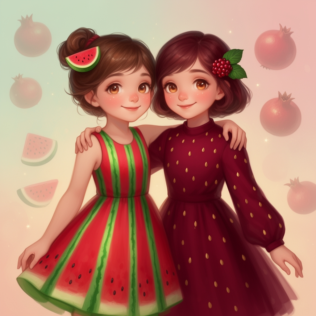 دوتا دختر کنار هم با هم دوستند یکیشون دختر هندونه‌ای هست و یکیشون دختر اناری خیلی زیبا هستند5