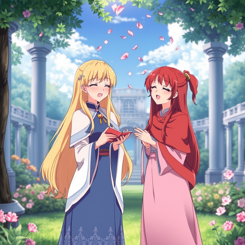 2 خواهری زیبا  ، اولی با موهای طلایی و دومی با موهای قرمز بود. خواهر اولی با لباس آبی و با جواب شرواری سفید و خواهر دوم که از خواهر اول 2 سال بزرگتر بود، ا لباس صورتی و با جواب شرواری قرمز در باغ
قصر با هم دیگر آواز می‌خواندند. و باران گلی در روی سر های آنها می‌بارید. 1