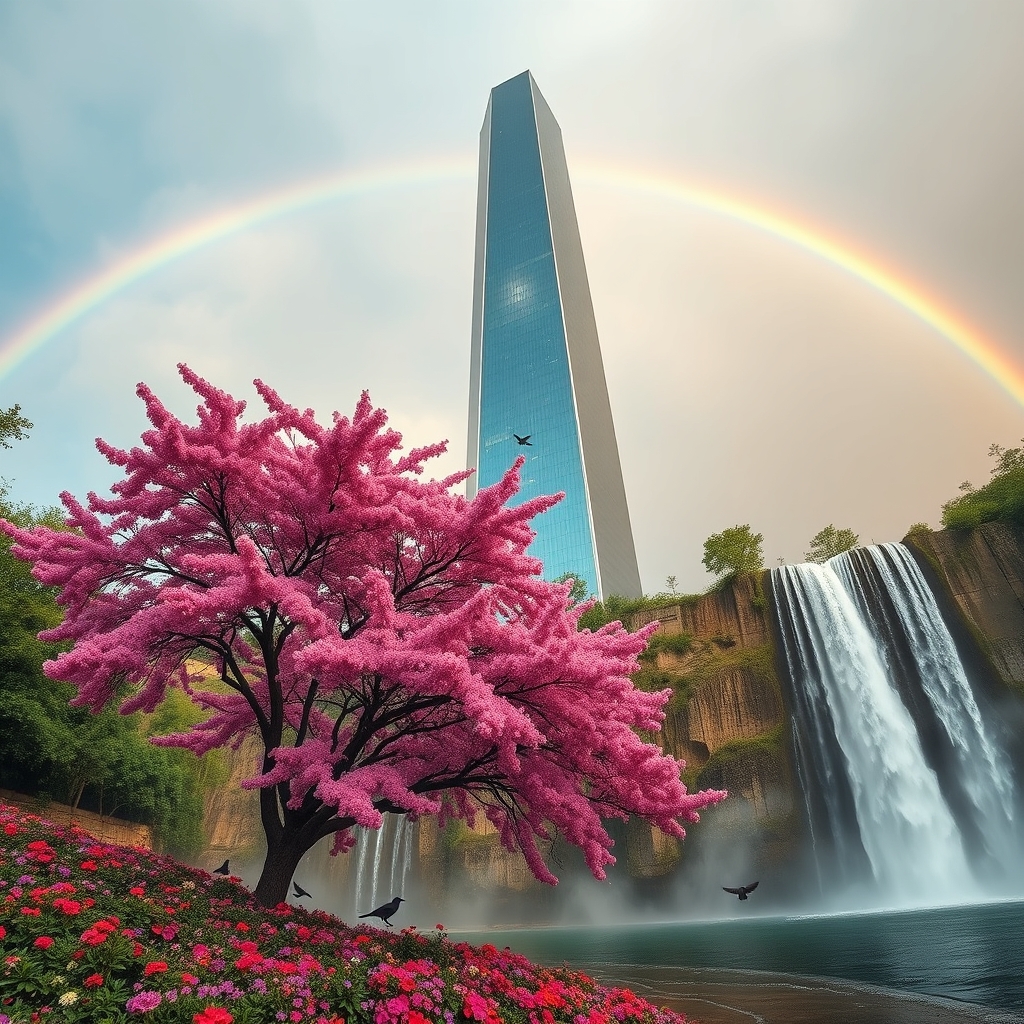 بزرگ ترین و باکلاس ترین آسمان خراش در کنار آبشار لاتون ایران برجی که شیشه ای و درخشان است درخت صورتی در کنار آن گل ها و پرندگان و رنگین کمان 5