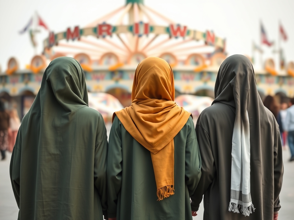 تصویر ۳ دوست (دختر) با حجاب جلوی شهربازی ایستادند تصویر از پشت و همه عبای سبز متمایل به تیره پوشیدند وسطی سن ۱۰ روسری خردلی راستی روسری سفید و ۱۲ و چپی هم روسری سفید سن ۱۲ 20