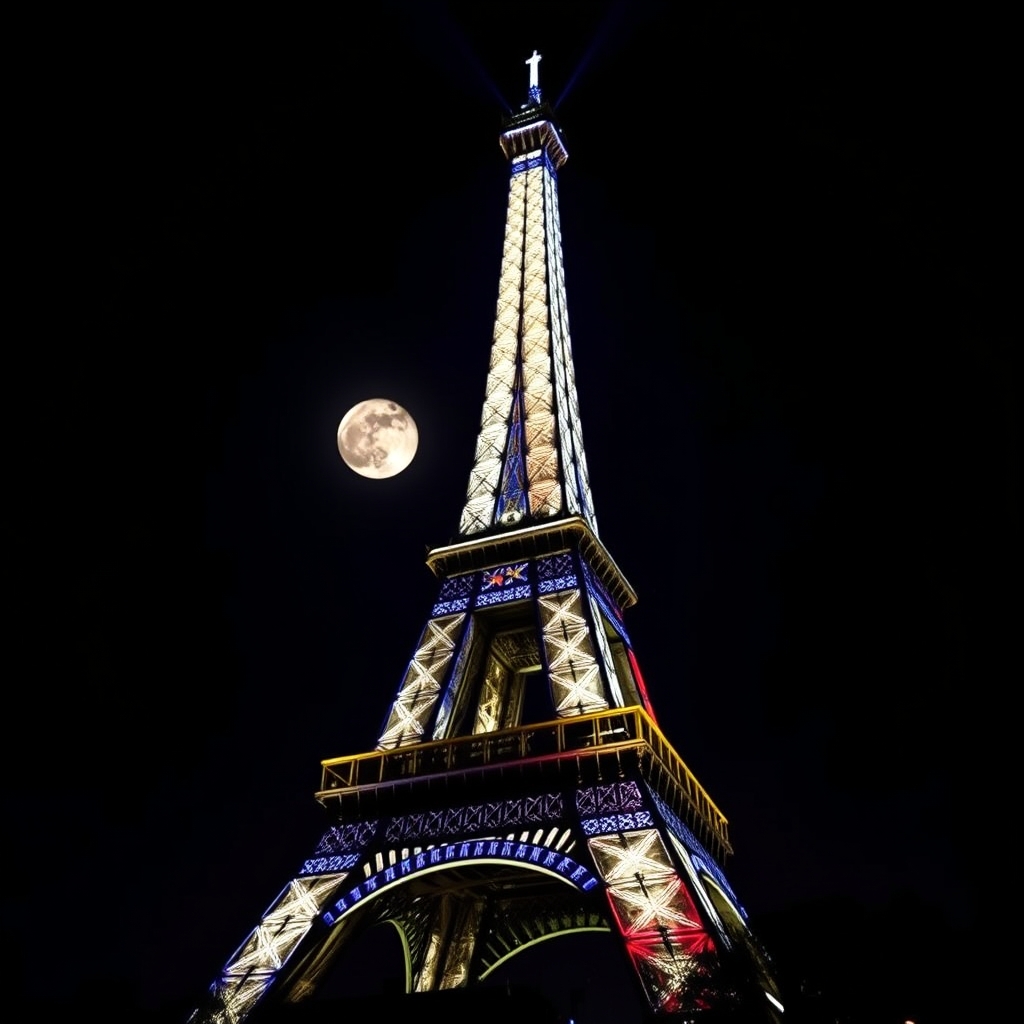 برج ایفل فرانسه در شبی که نور ماه کامل است که با چراغ های ال ای دی به رنگ های پرچم فرانسه نور پردازی شده است3