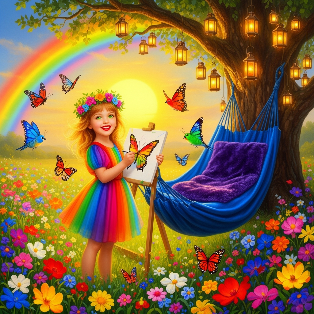 دختر بچه ای شش ساله با مو های طلایی و پوستی سفید و چشمانی سبز و لپ های قرمز
لباس او رنگین کمانی است و یک تاج گل روی سرش دارد
روی یک دشت پر گل ایستاده و دارد روی بوم نقاشی یک پروانه را می کشد دور او پروانه و پرندگان زیبا و رنگارنگی وجود دارد یک درخت کنار او است که یک تاب با  بالشت ابریشمی آبی و یک پتوی مخملی رویش است و روی درخت چراغ های زیادی می‌درخشند رنگین کمانی در فراز آسمان است و خورشید طلایی پشتش است 1