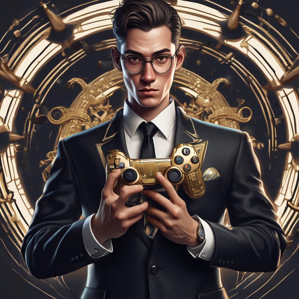 یک آدم عینکی با دسته ی پلستیشن پنج طلایی با کت وشلوار مشکی با پوست سفید13