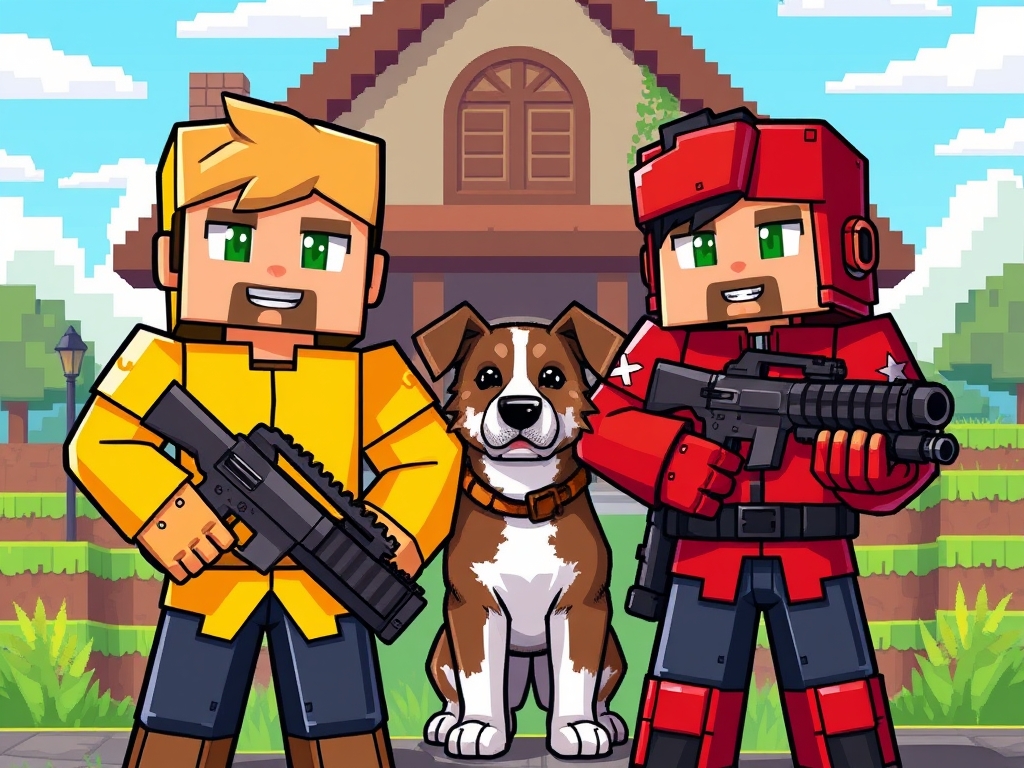 پسر ماینکرافت با لباس زرد وپسرماینکرافت با لباس قرمز و یک سگ بین آنها با پشت زمینه رنگارنگ که تفنگ در دست دارند و خانه پشت آنها است1