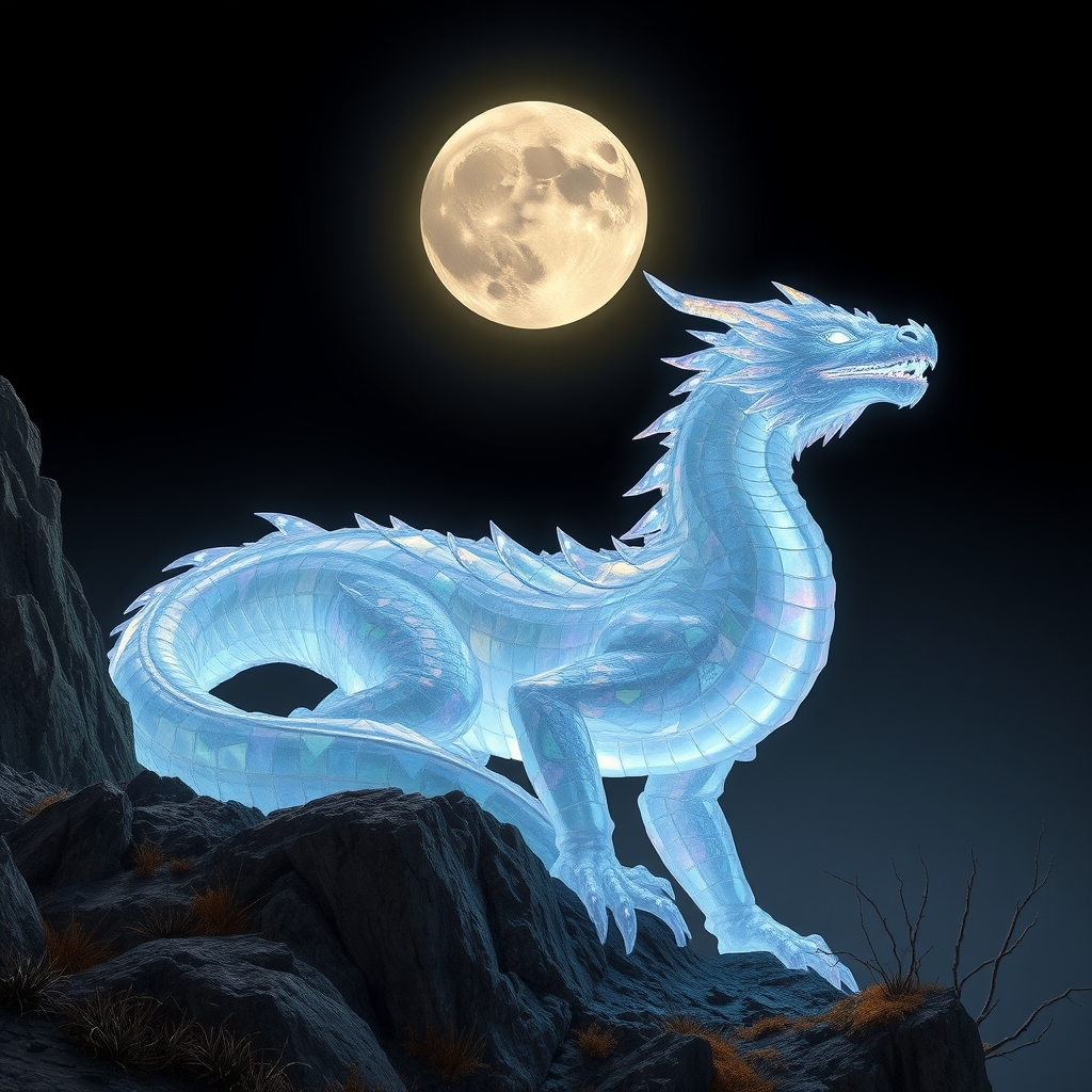 یک اژدهای کریستالی درخشان نشسته روی صخره‌ای زیر نور ماه کامل.17