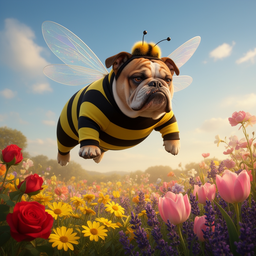 یک سگ بولداگ اخمالو که لباس زنبور پوشیده و در باغ گل پرواز می‌کند، بال‌های کوچک و بامزه، سبک واقع‌گرایانه و طنز.3