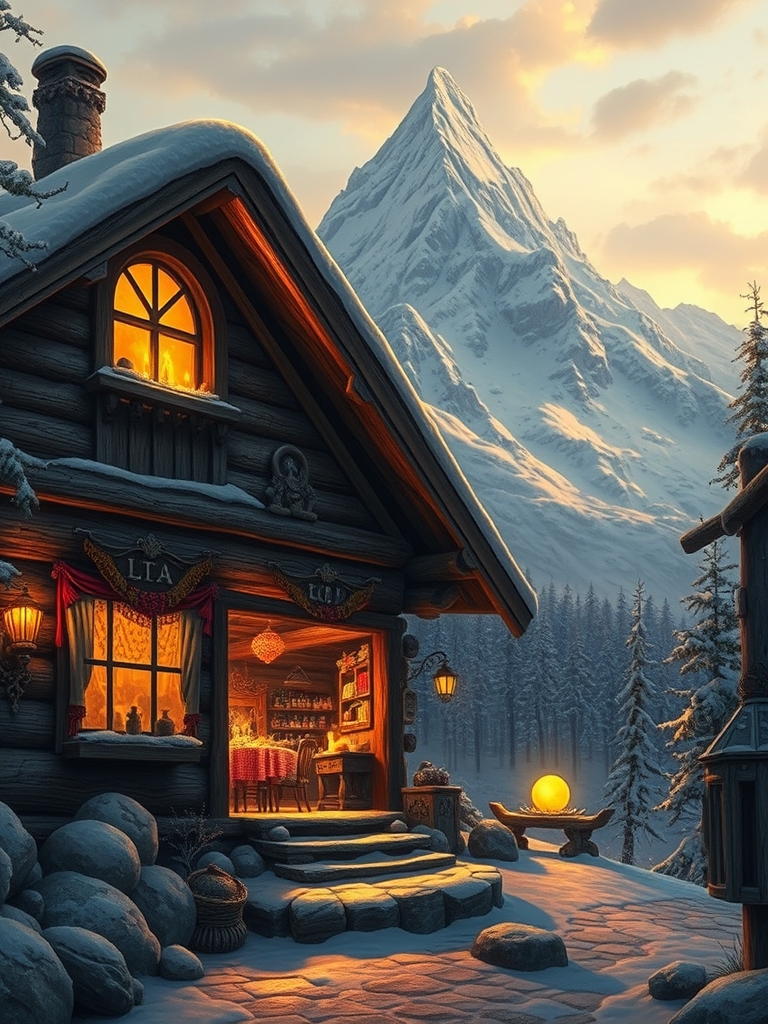 کلبه ی زیبایی کنار کوهی که روی آن برف هست از توی ی پنجره ی کلبه یک مهمانی مشاهده می شود12