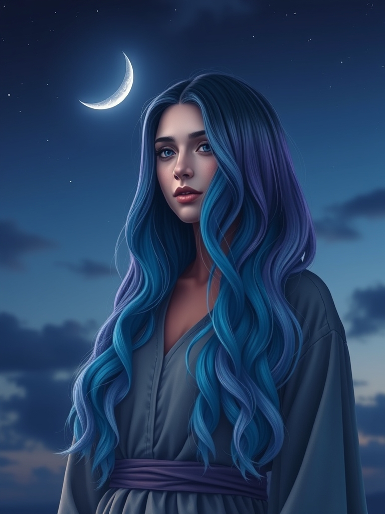 The image depicts a person with long, wavy hair styled with a gradient color scheme of blue and purple. The background features a crescent moon, creating a serene and somewhat mystical atmosphere. The image depicts a person with long, wavy hair styled with a gradient color scheme of blue and purple. The background features a crescent moon, creating a serene and somewhat mystical atmosphere.0