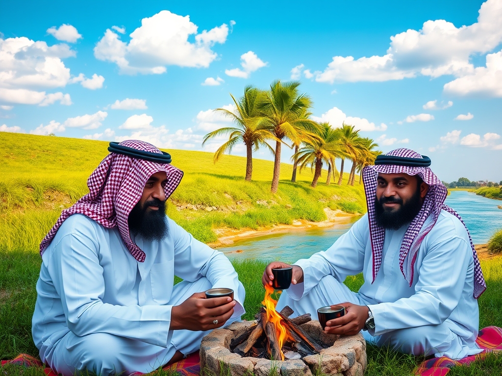 دو نفر عربستانی با چشمای مشکی و ریش مشکی قشنگ ولباس دشداشه سفید  و چفیه عربستانی  نشستن در فضای چمن زار سر سبز  و درحال چای خوردن هستن و یک اتش جلوشون روشن شده و یک رودخانه ابی پر از اب صاف و چند نخل کنار رودخانه هستن و اسمان ابی روشن و پراز تکهای سفید ابری5