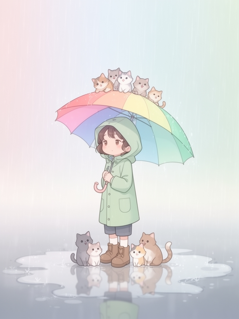 تصویری در سبک کارتونی شاعرانه با رنگهای لطیف و فضای بارانی؛ شخصیت کودکانهای با لباس بارانی در حال تعامل با چند گربهی کوچک، در محیطی آرام و خیالانگیز. گربهها روی چتر و کنار پای کودک نشستهاند، با انعکاسهایی در آب و حس بازیگوشی و همدلی. ترکیب عناصر طبیعت، باران، و حیوانات خانگی با تأکید بر آرامش، تنهایی دلنشین، و ارتباط عاطفی با محیط. فضای کلی باید حس لطافت، امنیت، و خیالپردازی کودکانه رو منتقل کنه. خیلی مینیمال باشه 1