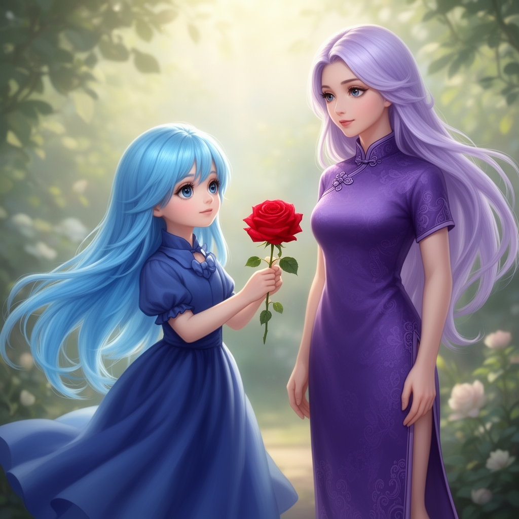 یک دختر بچه به موی بلند آبی آسمانی لباس و دامن نیلی زیبا که گل رز قرمز در دست دارد و داره به مادرش می دهد مادرش هم با موی بلند بنفش کمرنگ و پیرهن دامدار بنفش پرنگ چینی5