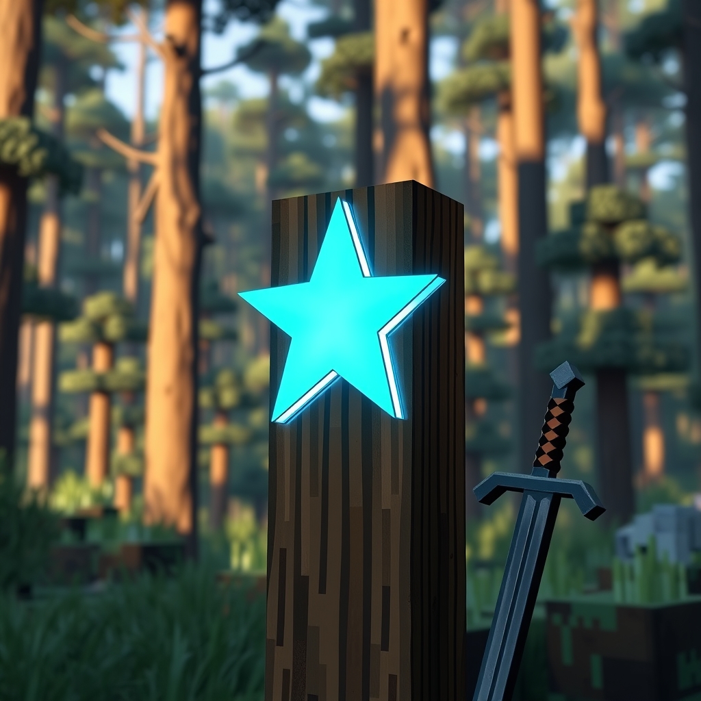 یک متن STAR که با رنگ آبی آسمانی که روی یک چوب جنگل ماینکرافتی نوشته شده و توی جنگل ماینکرافتی هست و کنار اون هم تیرکمون و شمشیر هست0