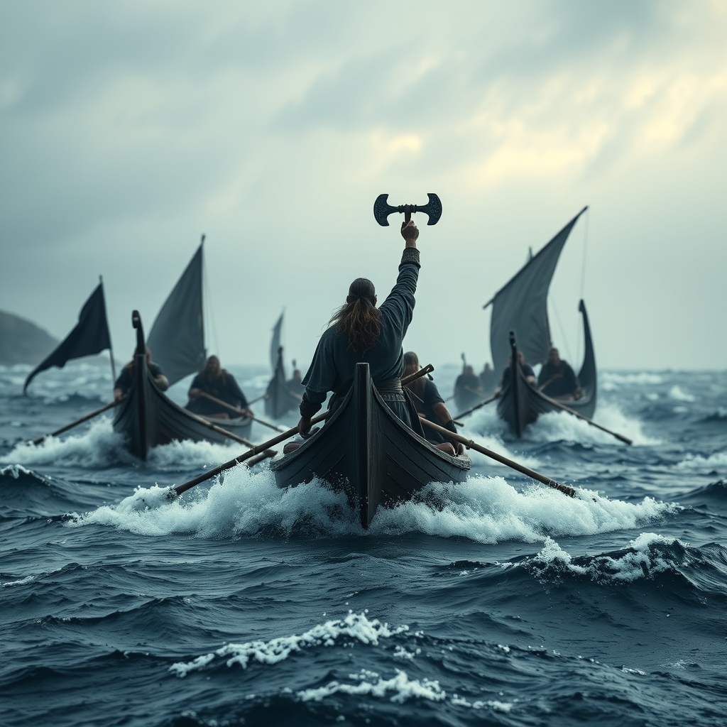 وایکینگ ها سوار ۶ کشتی های خیلی بلند و در دریای خوروشان پارو میزنند و به ساحل نزدیک اند و فرمانده ی انها در ابتدای کشتی تبر بزرگش را بالا برده12