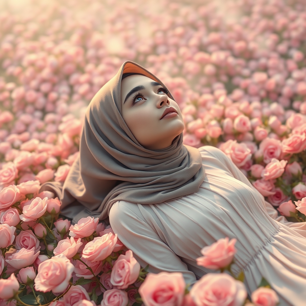 تصویری از یک دختر ۱۷ ساله ایرانی با حجاب کامل و 
لباس زیبای بلند که مبانی دشتی پر از گل های رز دراز کشیده و با چشم های پر امید به آسمان نگاه می کند(دوربین از بالا باشد)17