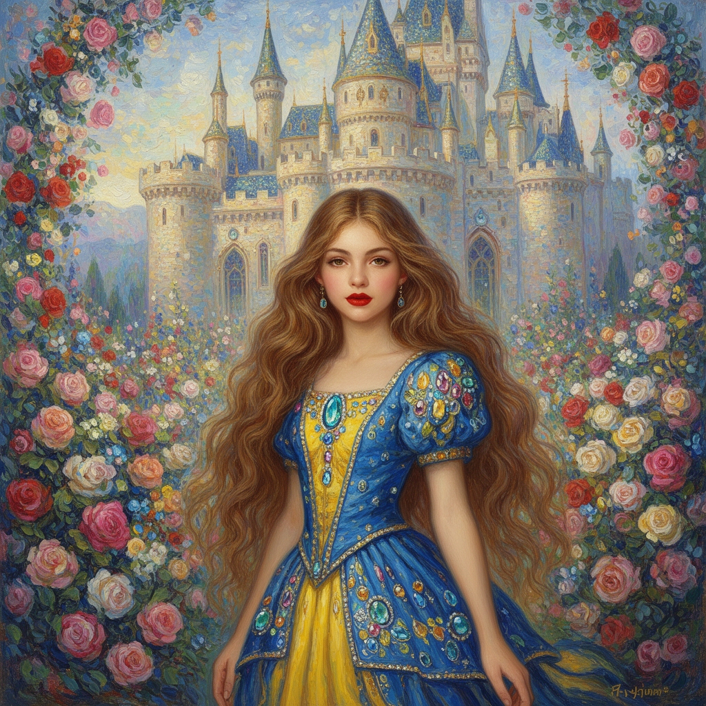 دختری با موهای بلند و حالتدار به رنگ قهوه ای روشن و لبی همچون گل قرمز و بینی کوچک و چشمانی به رنگ کهربایی با لباس پفی و دامندار و به رنک آبی و زرد در قلعه ای بزرگ و زیبا که از گل و جواهرات تزیین شده و زیبایی آنجا را دو چندان کرده است وجود دارد و به سبک پست امپرسیونیسم 

3