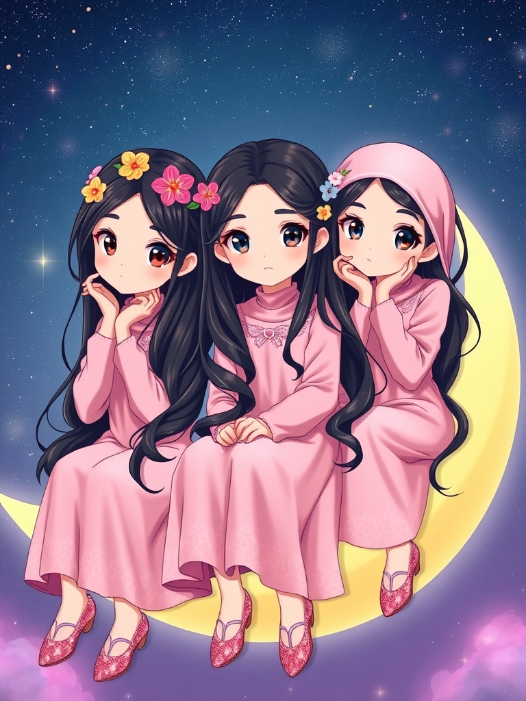 سه قلو ها ، ستین و سوین و سلین سه خواهر سه قلو هستند و شبیه هم هستند و مانند راپونزل هستند و موهای مشکی بسیار بلند دارند که روی زمین کشیده می شود که موهای آنها با گل های رنگارنگ تزیین شده است و سه خواهر لباس ابریشمی به رنگ صورتی و دامن دار و اکلیلی دارند و کفش های صورتی و براق و اکلیلی دارند  و روی ماه نشسته اند و در آسمان پر از ستاره هستند و به دوربین نگاه میکنند5