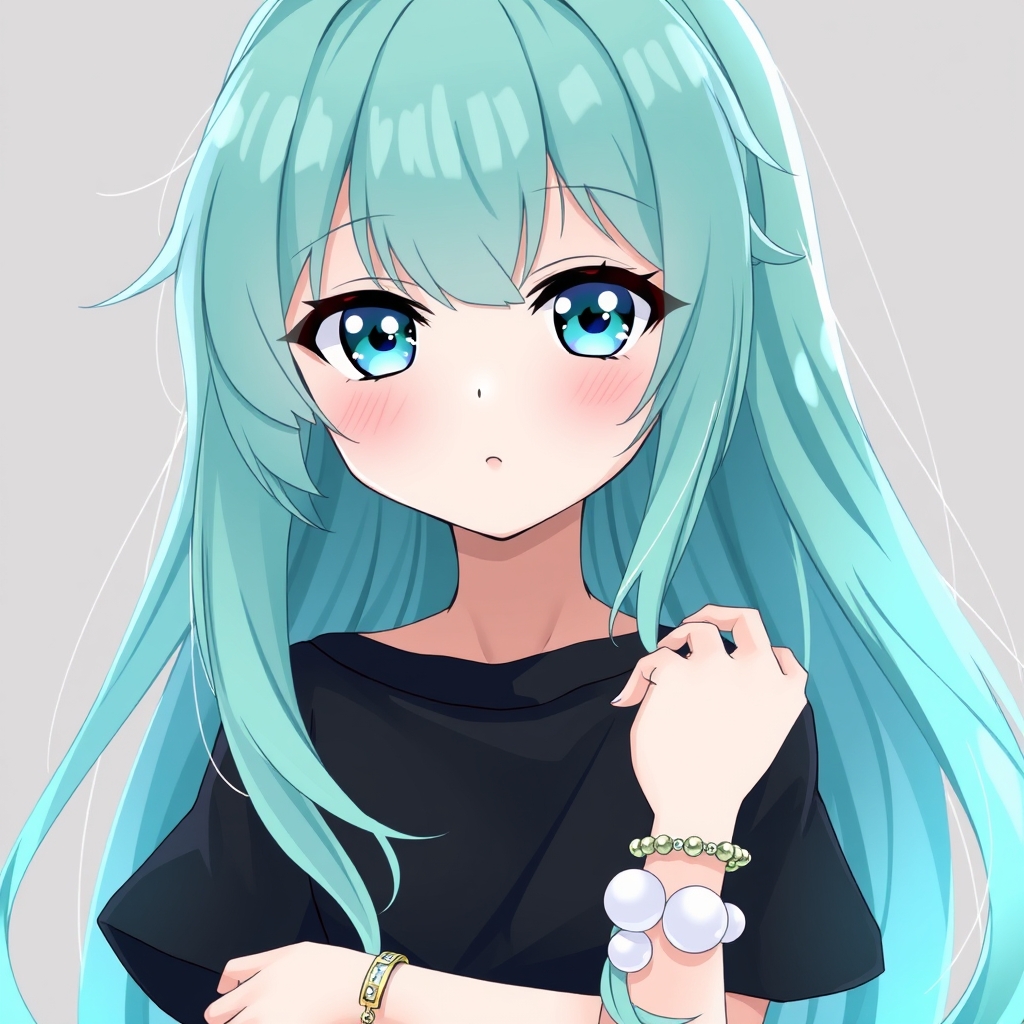 انیمه ای کیوت ولی جدی با موهای بلند سبز کم رنگ فیروزه ای درخشان چشم هایی آبی درخشان تیشرت سیاه و یک گردنبند در گردنش و یک دسبند با مهره های سفید و برفی15