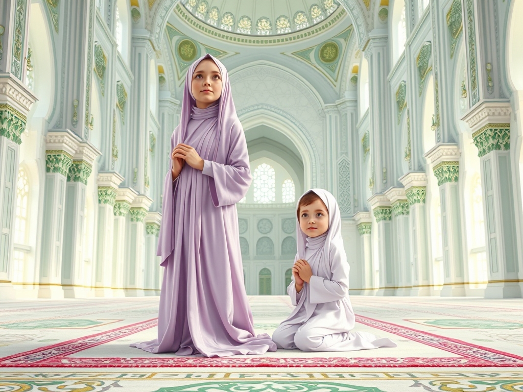 ی مسجد بسیار بسیار بزرگ و زیبا با دیوار های سفید و سبز یک دختر با چادر یاسی و سجاده سفید مشغول نماز خواندن به همراه خواهر کوچکش است آن دو دختر بسیار زیبا هستند دختر کوچک چادر سفید پوشیده و سجاده اش صورتی است و هردو پوست سفید و صورتی گرد دارن د چشماشون سبز است15