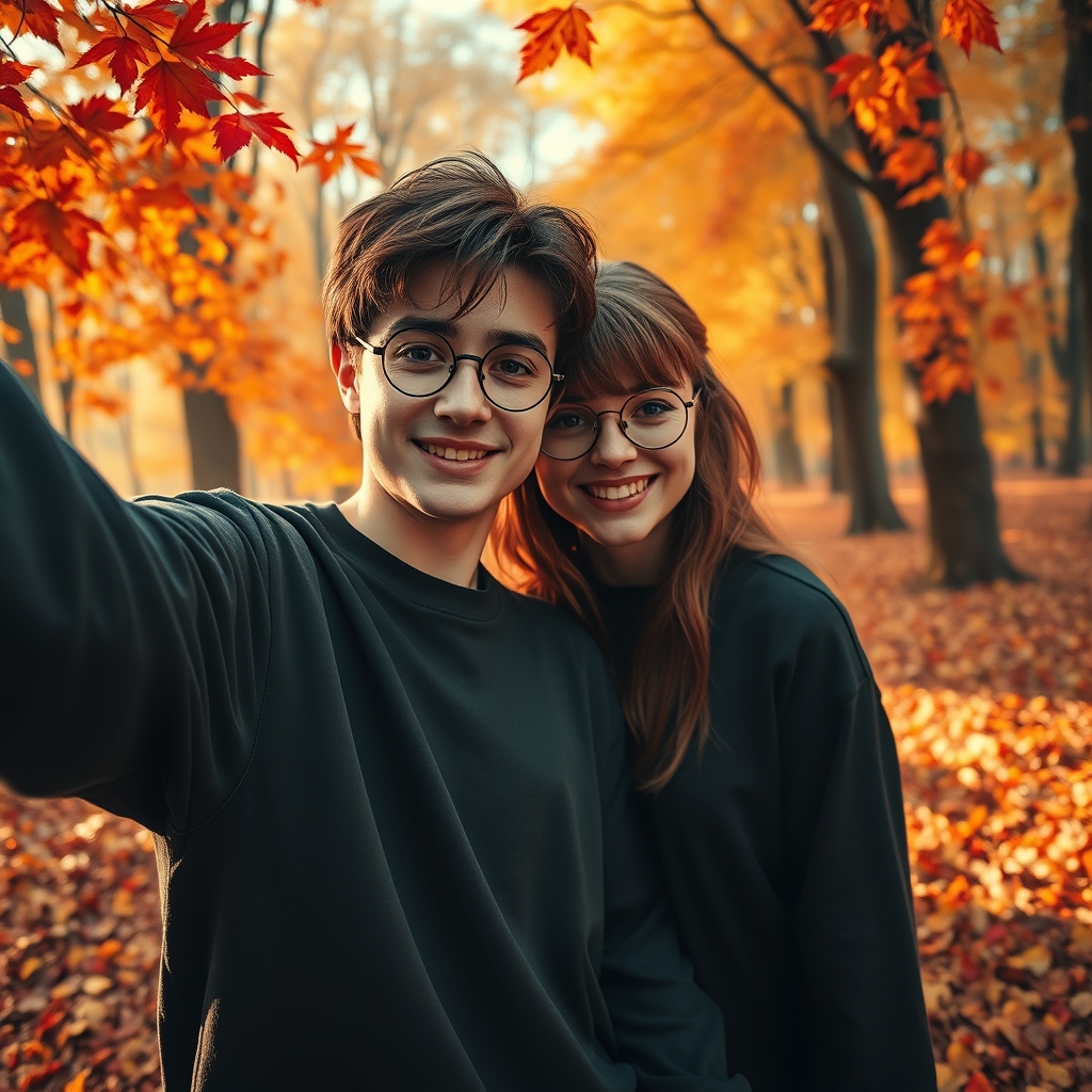 هری پاتر و هرماینی گرنجر با سویشرت مشکی ست در حال سلفی گرفتن در یک طبیعت پاییزی 17