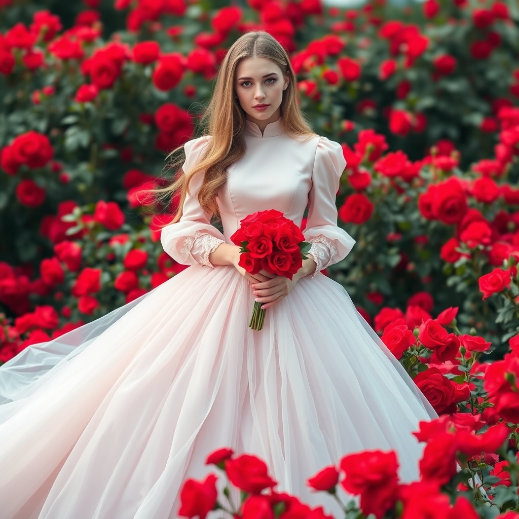 مدل لباس مجلسی بلند دخترانه صورتی کم رنگ و ابی کم رنگ و پف دار برای عروسی برای دختری با موهای بلند و صورتی بیضی شکل بینی کوچیکه چشم های زرد و لب های کوچیکه چشم های درشت کمری باریک و ۱۶۳سانتی متر قد و بسیار زیبا با پس زمینه باغی پر از گل های رز قرمز ویژه دسته گل رز قرمز در دست دختر1