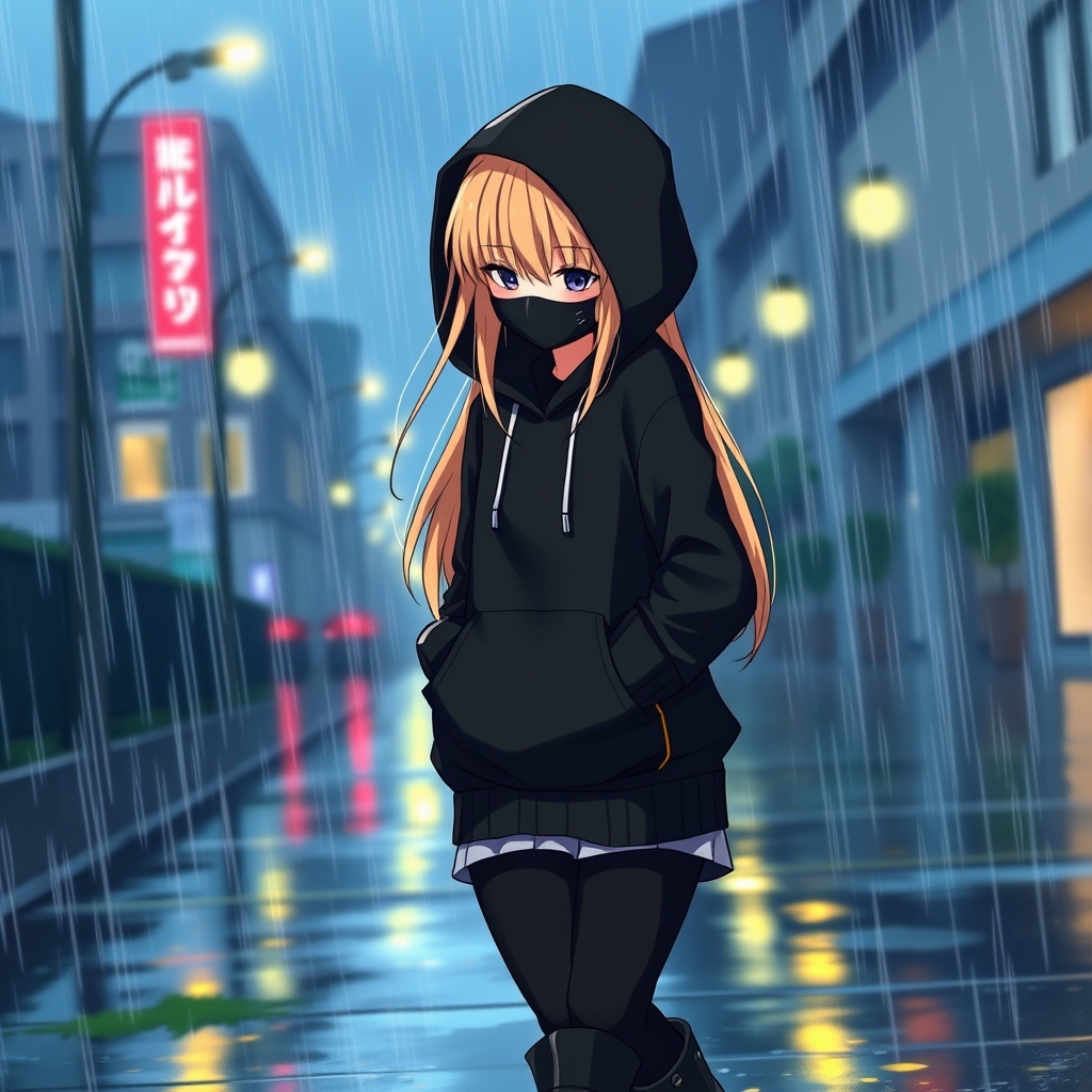 یک دختر نوجوان با مو های طلایی و که ماسکی مشکی به صورت زده و هودی مشکی که کلاهش را روی سرش انداخته به تن دارد و یک لگ مشکی با کفش های بوت مشکی در هوای بارانی که در عصر است به سمت دوربین میآید و دست هایش را در جیب هودی اش کرده و به زمین نگاه می کند2