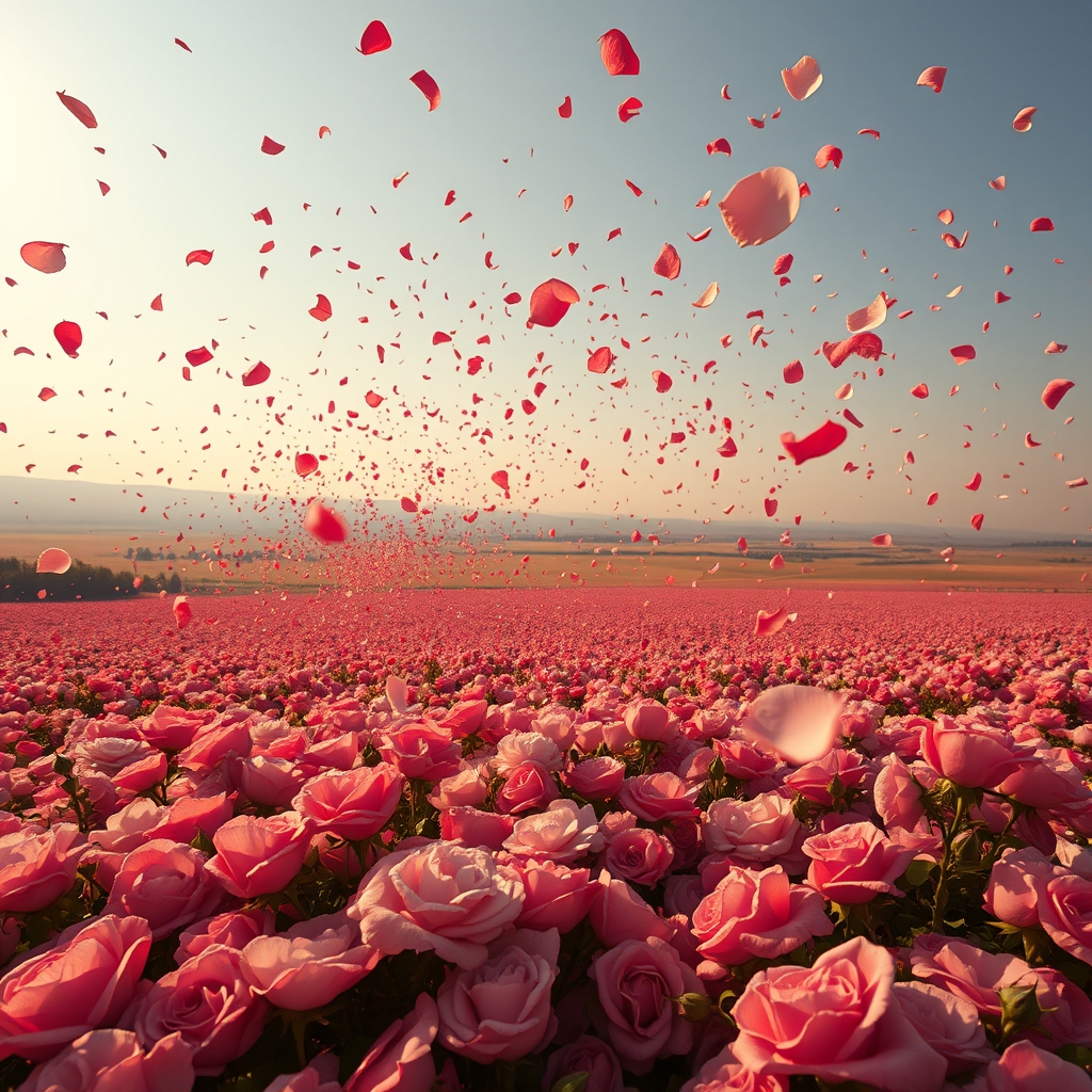 تصویر یک دشت وسیع پر از گل رز که پر گل های رز در هوا است.15