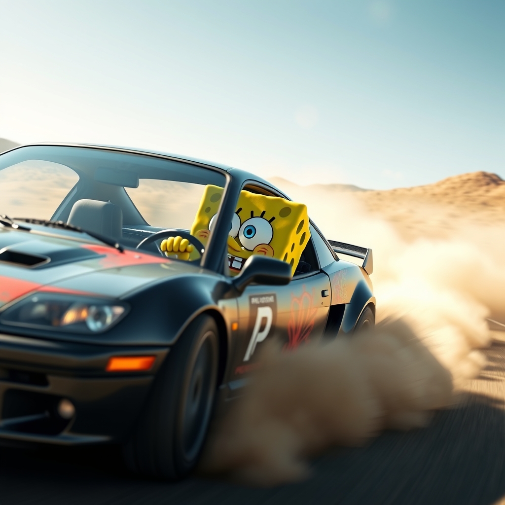 باب اسفنجی سوار ماشین پژو شده و داره دریفت میکشه 15