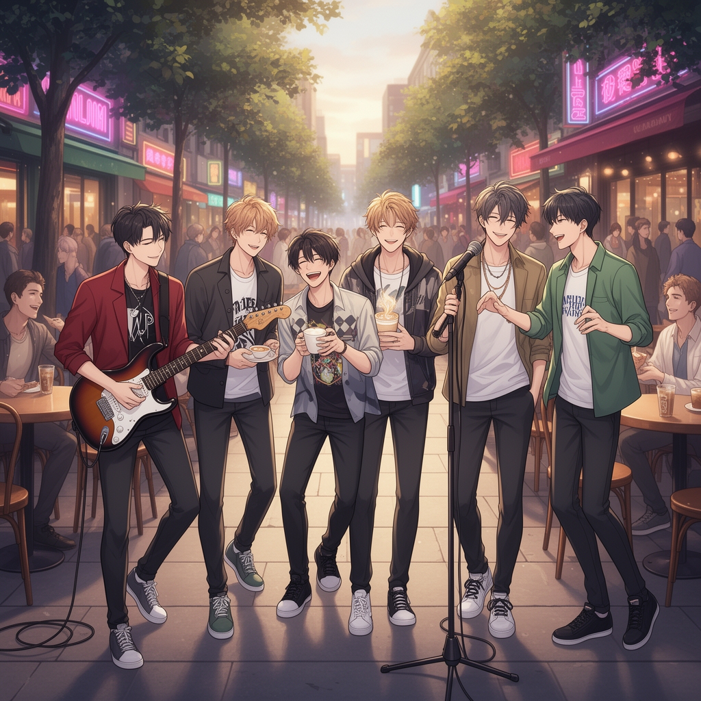 هفت مرد جوان و بااستعداد که به عنوان یک گروه موسیقی شناخته می‌شوند. هر یک از اعضا دارای شخصیت، استعداد و استایل منحصر به فرد خود هستند. با لباس‌های مد روز و جذاب، آنها در حال فعالیت‌های روزمره خود در یک فضای شهری هستند. از شوخی و خنده گرفته تا لحظات جدی، احساس دوستی و همبستگی بین آنها مشهود است. محیط اطراف شامل جزئیاتی از زندگی شهری، مانند خیابان‌های شلوغ و کافه‌های دنج است که حس جوانی و انرژی آنها را به نمایش می‌گذارد.1