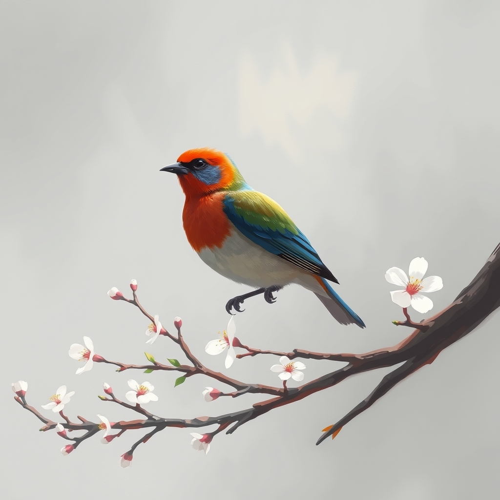 The image is a painting of a bird perched on a branch. The background is a muted, textured gray and white, creating a calm and serene atmosphere.13