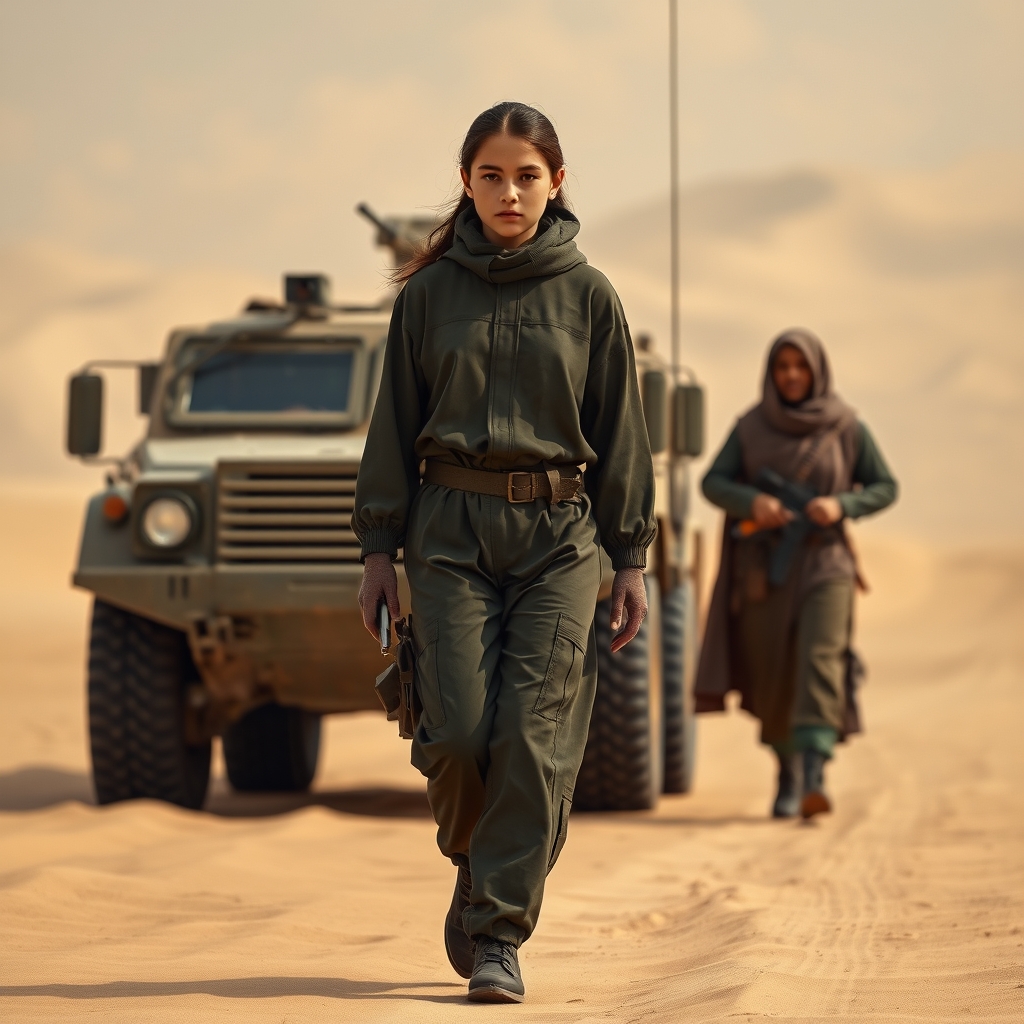 دختری نوجوان ۱۵ ساله با لباس نظامی در بیابان کنار نفر بر نظامی و دو بادیگارد پشت سر او در حال راه رفتن
22