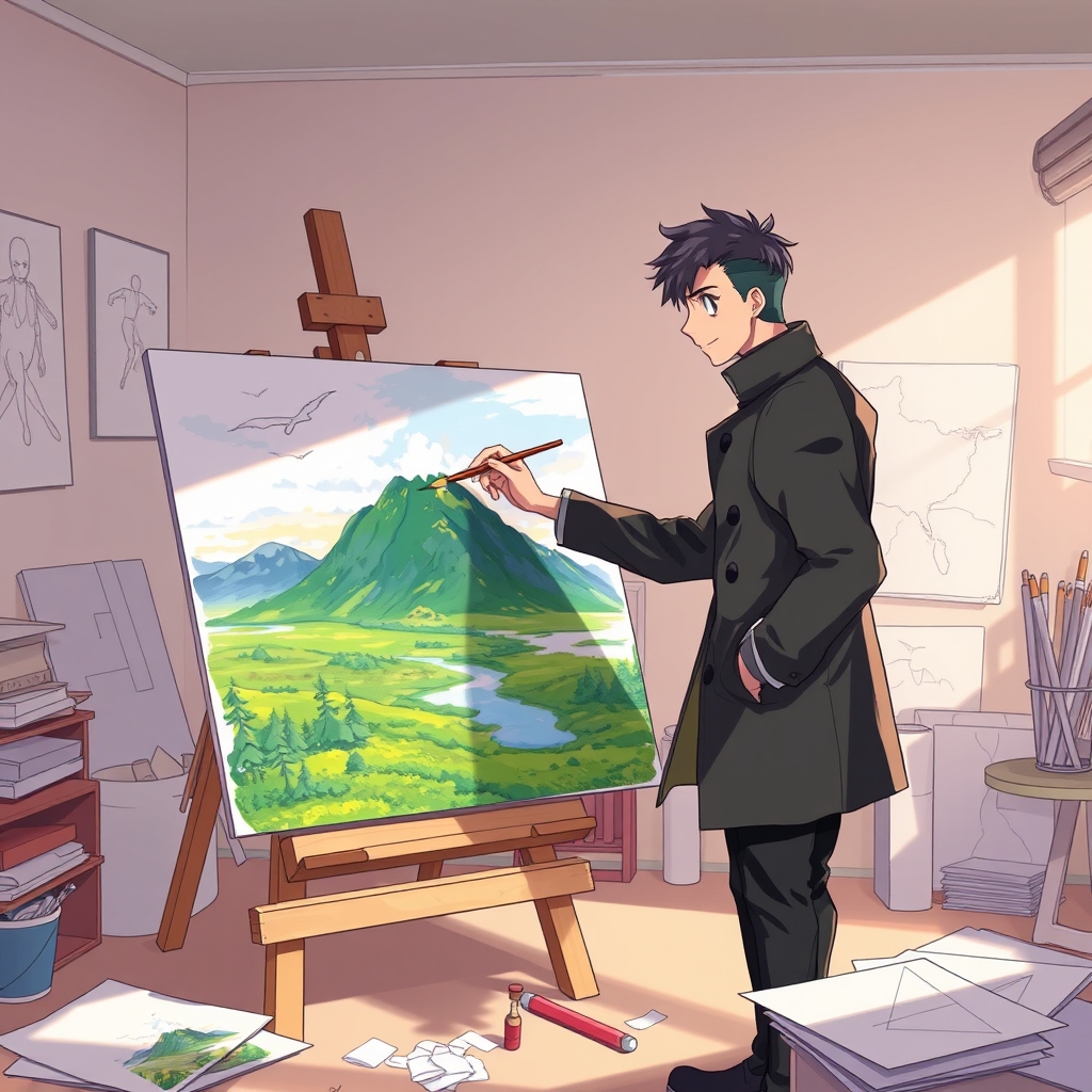 یک مرد با یک کوت و شلوارمشکی که دارد یک منظره ی زیبا و بزرگ را روی یک برگه ی بزرگ با قلم نقاشی می کند21