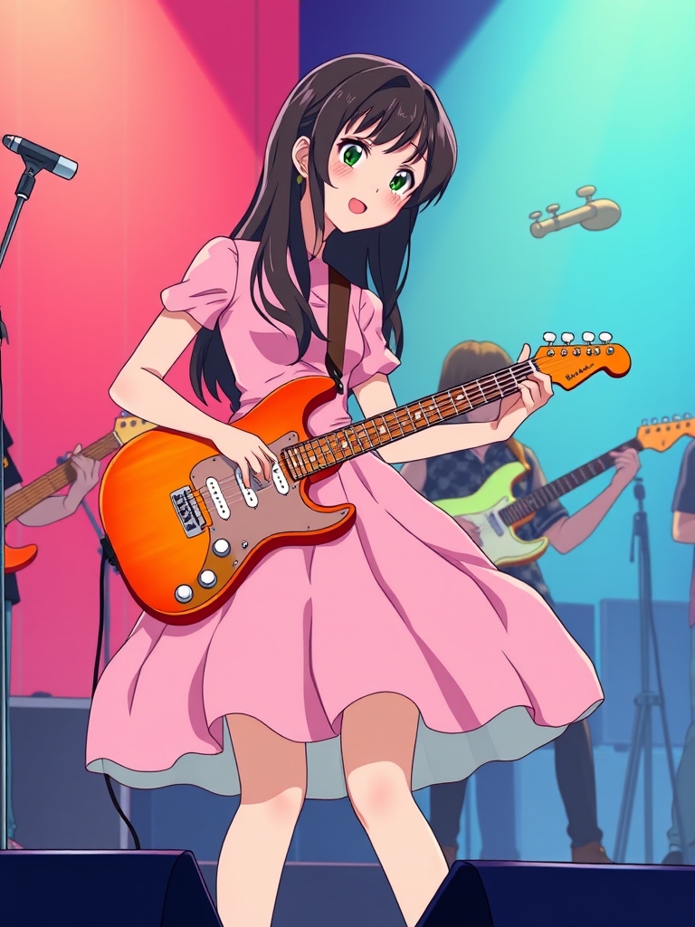 دختر گیتاریست،سه قلوها، یه دختر که درحال نواختن گیتار است و مو های مشکی و بلند دارد و مو های او باز است و لب های سرخ و لبخندی ملایم دارد و لباس او صورتی و دامن دار و اکلیلی و براق و پف پفی مانند پرنسس ها است و روی مو های او گلسری به شکل گل صورتی است و گیتار او نارنجی قهوه ای و کلاسیک است و پشت سر او بقیه در حال نواختن گیتار همراه با او هستند و در یک استیج هستند23
