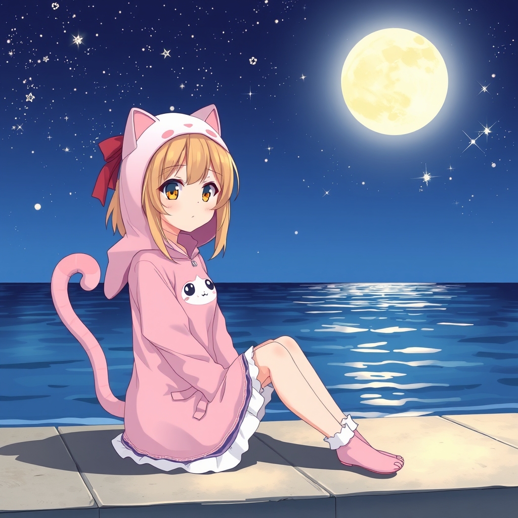 بک دختر با لباس گربه ای صورتی که در کنار دریا نشسته و هوا شب مهتابی پر از ستاره است
0